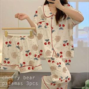 체리 베어 패턴 포인트 반바지 + 긴바지 + 반팔셔츠 3pcs 잠옷 체리곰3pcs..
