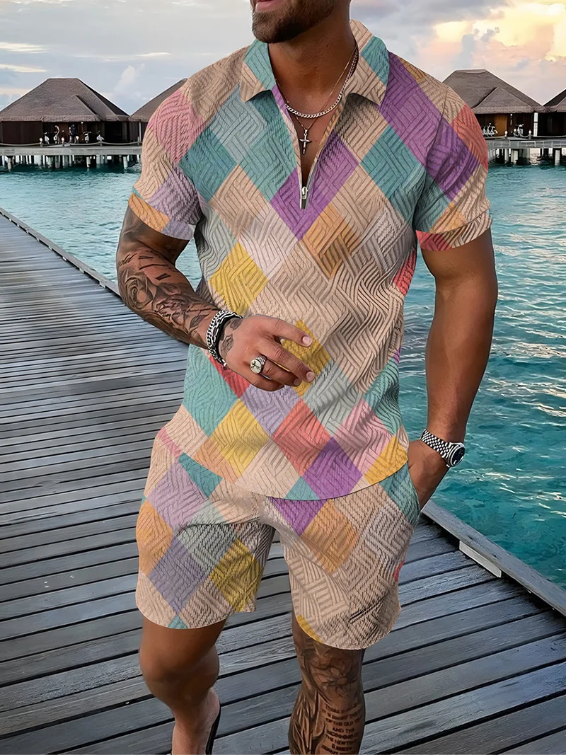남성용 여름 패션 운동복 세트, 컬러 패치, 3D 프린트 캐주얼 지퍼 폴로 셔츠 및 반바지, 오버사이즈 운동복 세트, 2 개 세트
