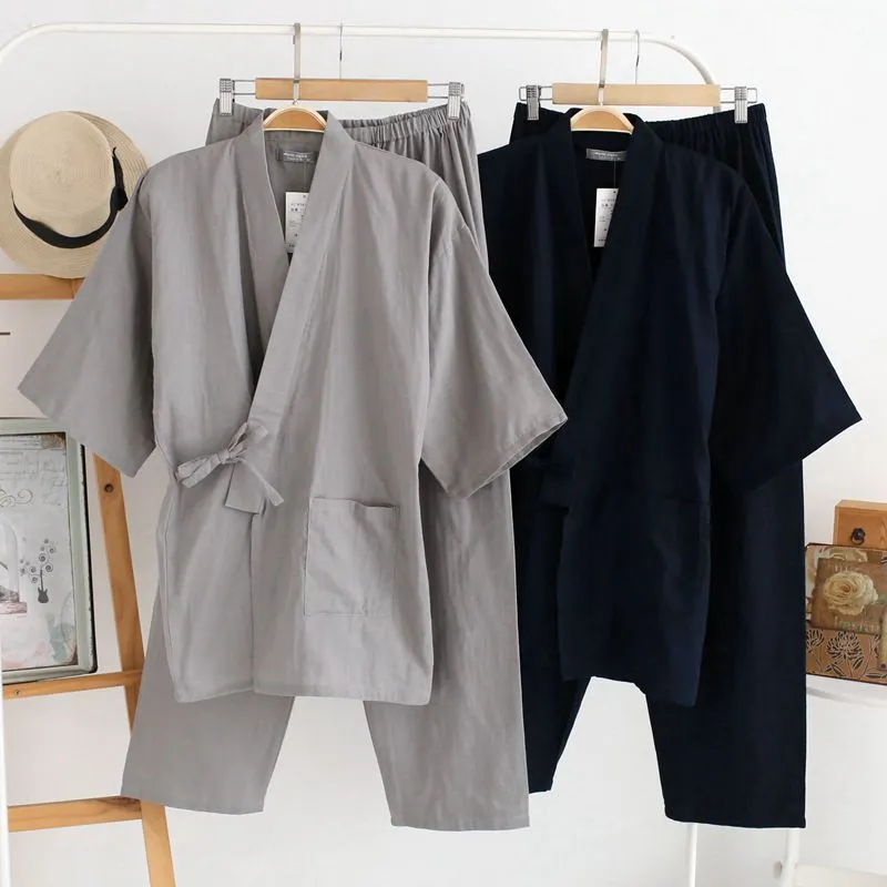 일본식 기모노 카디건 바지 2 피스 세트 남성용 나이트 웨어 목욕 가운 코튼 편안한 홈 슈트 로브 잠옷, 데일리 캐주얼