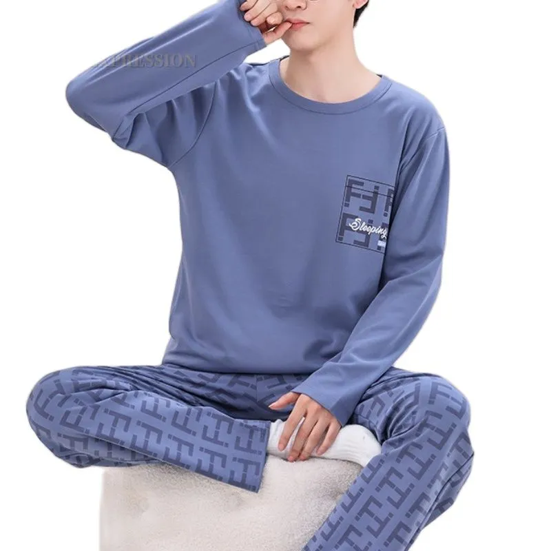 용수철 가을 플러스 5XL 니트 남성용 잠옷, 글자 격자 격자 무늬 잠옷 세트, 캐주얼 라운지웨어 잠옷, 나이트 패션