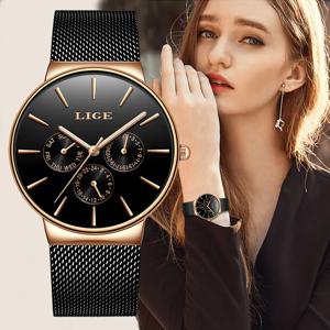 LIGE 클래식 여성용 시계 로즈 골드 브랜드 럭셔리 레이즈 원피스 시계, 캐주얼 방수 시계, 쿼츠 캘린더 손목시계, 패션
