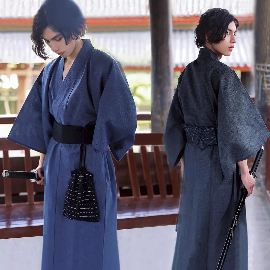 일본 전통 기모노 패션 유카타 남성용 긴 가운 벨트 포함, 95% 코튼 잠옷 세트, 남성 잠옷 목욕 가운, 여름