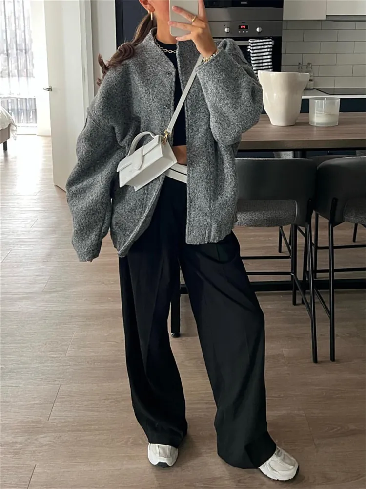 여성용 루즈 그레이 따뜻한 야구 재킷, 2023 봄 캐주얼 오버사이즈 봄버 재킷, 여아용 빈티지 두꺼운 따뜻한 아웃웨어