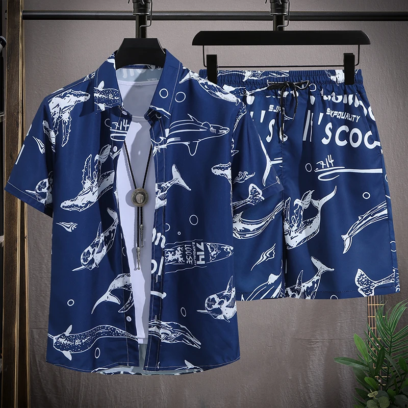 남성용 하와이안 비치 세트, 싱글 브레스트 반팔 셔츠 및 반바지, 캐주얼 여름 휴가 여행 복장