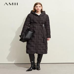 AMII 여성용 미니멀리스트 덕 다운 후드 다운 재킷, 2023 길고 두꺼운 따뜻한 코트, 벨트 포함, 겨울 트렌디 아우터 12324013