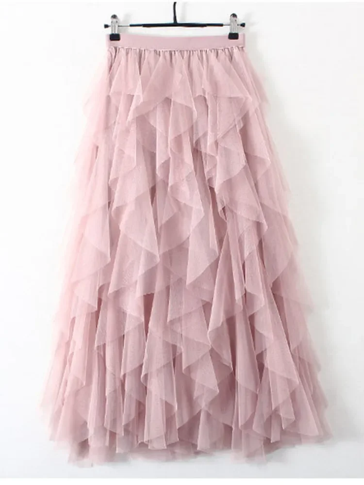 TIGENA 여성용 투투 얇은 명주 그물 롱 맥시 스커트, 한국 패션 2023, 귀여운 핑크, 하이 웨이스트, 플리츠 스커트, 메쉬