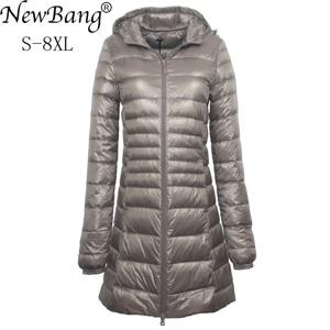 NewBang 여성용 롱 다운 재킷, 초경량 다운 재킷, 후드 다운 코트, 여성 빅 사이즈 코트, 7XL, 8XL 플러스, 겨울