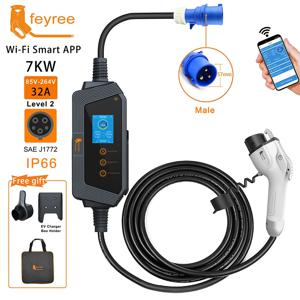 Feyree 전기 자동차용 휴대용 EV 충전기, 스마트 앱 와이파이 제어 버전, 5m 케이블 포함, 7KW 32A 1 상 J1772 소켓
