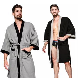 코튼 와플 남성 기모노 목욕 가운 가운 잠옷 커플 블랙 가운 나이트웨어 루즈 캐주얼 사우나 유카타 봄 여름 홈웨어