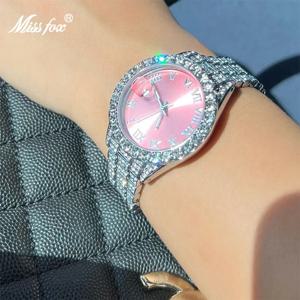 MISSFOX-럭셔리 스몰 페이스 우아한 쿼츠 시계 여성용, 핑크 여성 시계 레이디 아이스 룩 파티 쥬얼리 미니 베이브 너무 귀여운 팔 시계