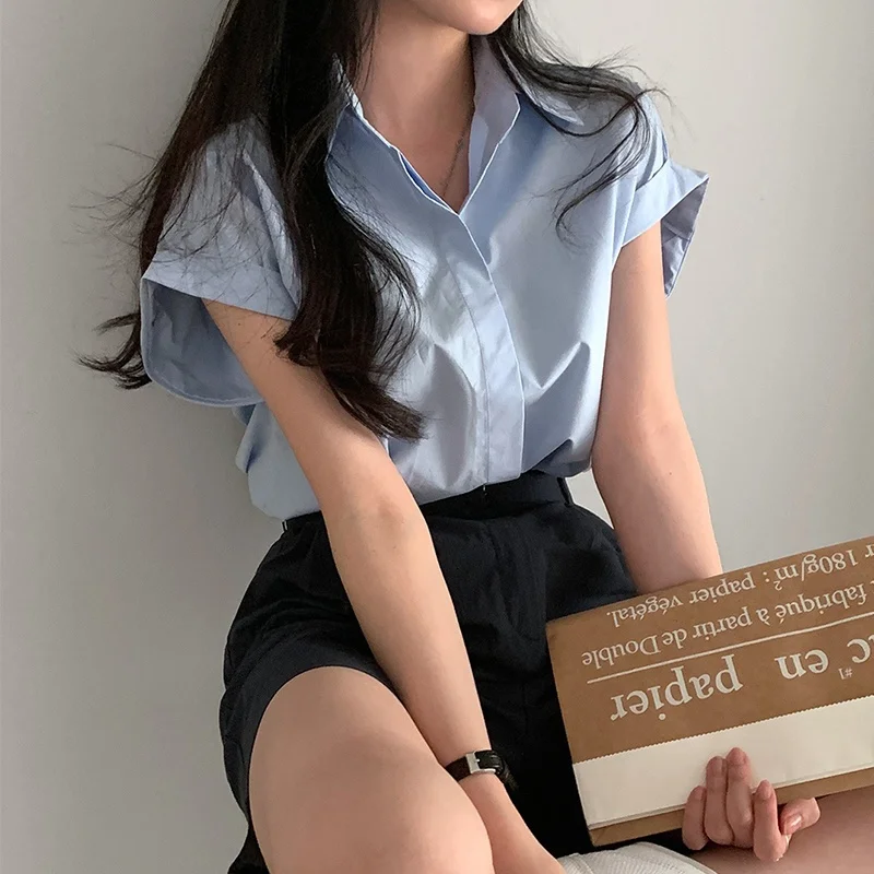 한국 시리즈 세련된 여름 간단한 기본 다목적 옷깃 싱글 브레스트 느슨한 단단한 짧은 소매 셔츠 최고 여성