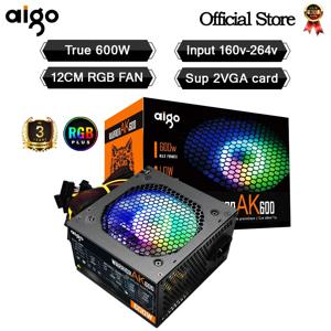 Aigo AK 600W PC PSU 전원 공급 장치, BTC용 데스크탑 컴퓨터 전원 공급 장치, 게임용 저소음 블랙 RGB 선풍기, 24 핀, 12V ATX, 120mm