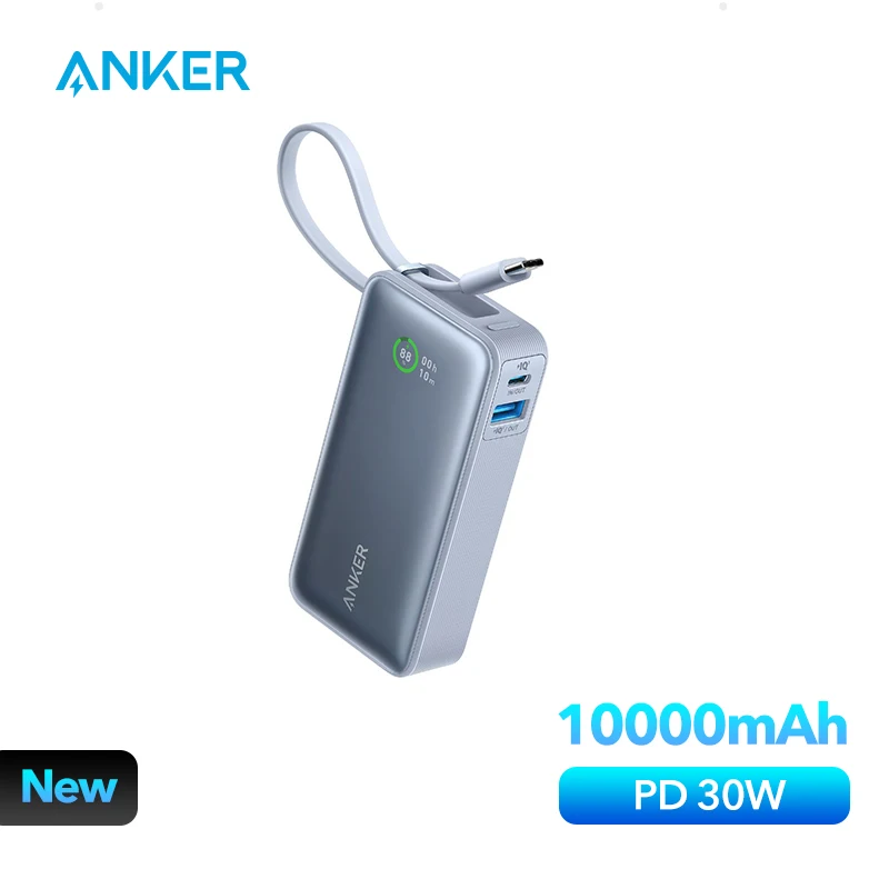 Anker 나노 보조배터리 예비 배터리, 휴대용 보조배터리 10K 휴대용 충전기, 아이폰 15 용 USB-C 케이블 포함, 10000mAh PD 30W