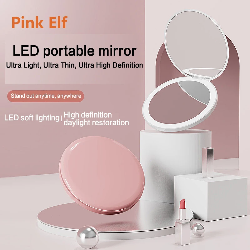 LED 조명 접이식 메이크업 거울, 여성용 작은 포켓 거울, 빛나는 효과, 핑크 화이트 미니 거울