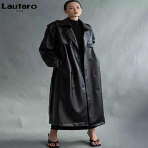 Lautaro-여성용 엑스트라 롱 오버 사이즈 블랙 인조 가죽 트렌치 코트, 긴 소매 벨트 더블 브레스트 루즈핏 패션 2021 가을 상품