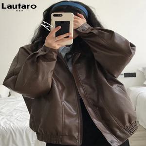 Lautaro 여성용 오버사이즈 레트로 블랙 브라운 가죽 재킷, 긴팔 지퍼, 루즈한 캐주얼, 멋진 한국 의류, 봄 가을, 2022