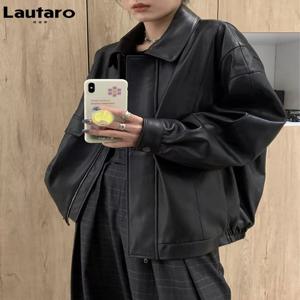 Lautaro 여성용 레트로 캐주얼 오버사이즈 블랙 방수 소프트 인조 가죽 재킷, 지퍼 탄성 허리 2022, 봄 가을 쿨