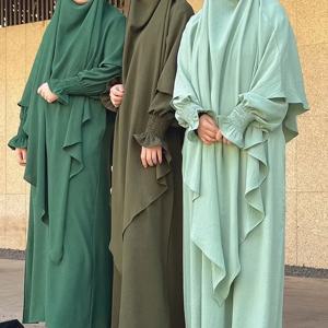 Abaya and Khimar Set Jilbab 2 피스 라마단 롱 히잡 드레스 여성용 이슬람 기도 의류 Jilbabs 터키 이슬람 두바이 복장