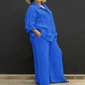 여성용 린넨 캐주얼 셔츠 2 종 세트, 패션 라펠 긴팔 단추 블라우스 및 바지 의상, 루즈 와이드 레그 팬츠 슈트