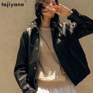Tajiyane 여성용 하이 엔드 정품 가죽 재킷, 2023 짧은 캐주얼 블랙 가죽 재킷, 진짜 양가죽 코트, 우아한 스트리트웨어