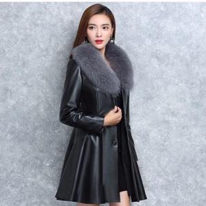 2023 플러스 사이즈 블랙 PU 가죽 재킷 여성용, 긴 소매 인조 모피 칼라 겨울 코트, 슬림 고품질 중간 길이 트렌치 코트