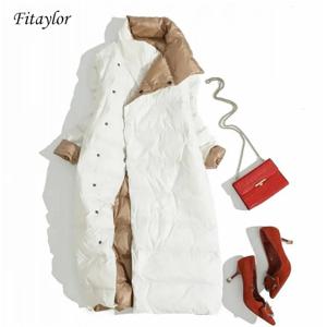 Fitaylor 여성용 양면 다운 롱 재킷, 화이트 덕 다운 코트, 겨울 더블 브레스트, 따뜻한 파카, 스노우 아웃웨어
