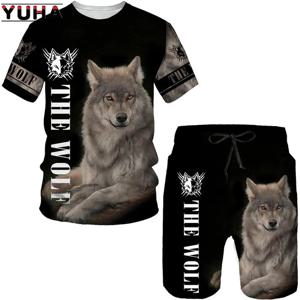 YUHA, The Wolf 3D 프린트 쿨 티셔츠 & 반바지 정장 남성용 여름 반팔 o넥 탑 남성/여성 캐주얼 스포츠웨어 Tracksui