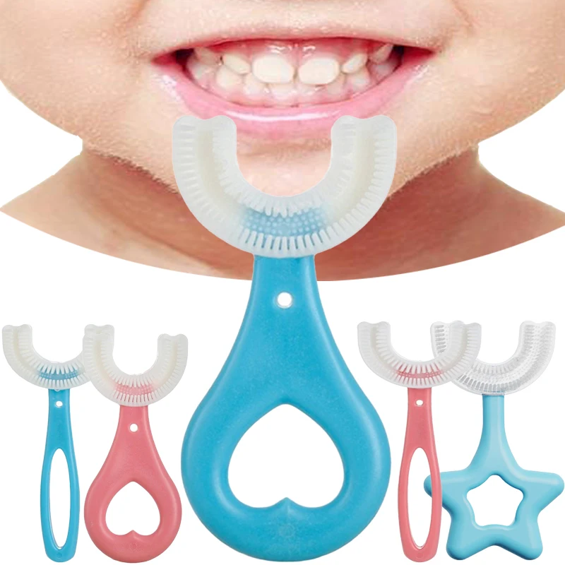 어린이 U자형 칫솔, 실리콘 칫솔, 어린이 치아 구강 관리 청소, 360 도