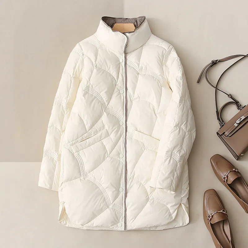 2023 스탠드 칼라 X-롱 여성 다운 재킷, 패션 캐주얼, 루즈 초경량, 화이트 덕다운, 따뜻한 코트, 겨울, 신제품