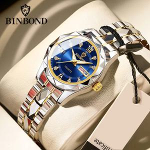 BINBOND 탑 브랜드 럭셔리 패션 비즈니스 여성용 쿼츠 시계, 30m 방수, 주간 날짜 시계, 스포츠 여성용 손목시계, B2521