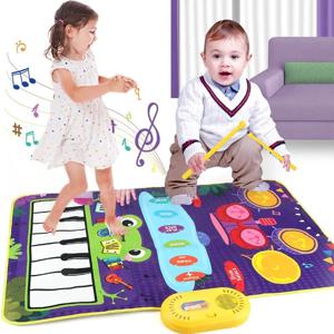 어린이용 피아노 매트, 피아노 키보드 및 재즈 드럼, 음악 터치 플레이 카펫, 유아 음악 악기 교육 장난감 선물, 2 in 1