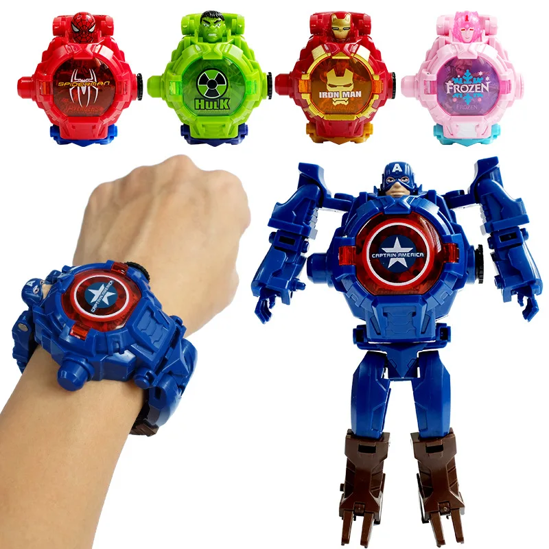 마블 아이언맨 스파이더맨 만화 어린이 시계, 변형 로봇, 3D LED 발광 시계, 어린이 모델 장난감 시계