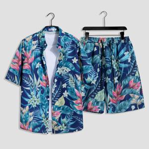 남성용 패션 프린트 세트, 반팔 셔츠 및 반바지, 세트 루즈 2024 여름 캐주얼 비치웨어, 남성 휴가 하와이 의상, 2 개