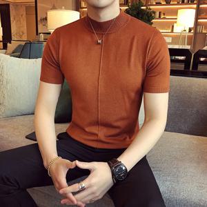 남성용 하프 하이 칼라 티셔츠, 반팔, 단색 스웨터, 풀오버 티셔츠, 슬림 니트 상의, 7 가지 색상, 2021 봄 신상