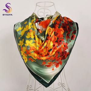 BYSIFA-우아한 꽃 디자인 실크 스카프 목도리 90*90cm 여성용, 녹색 오렌지 스퀘어, 목 머리 스카프, 가을 겨울