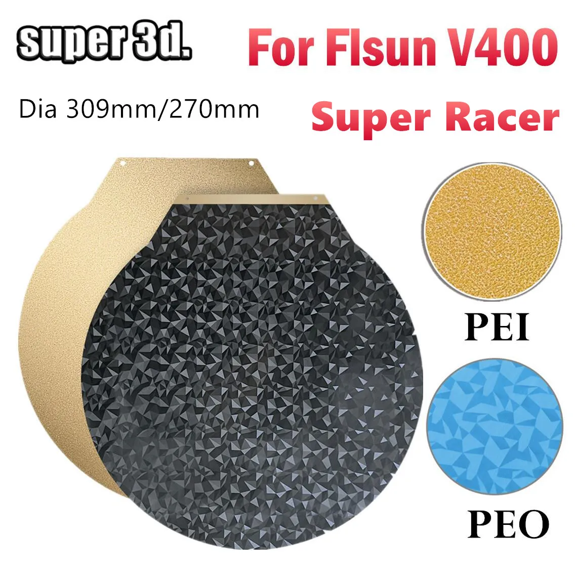 Flsun 슈퍼 레이서용 양면 마그네틱 스틸 PEO 시트, 3D 프린터 빌드 플레이트, Flsun V400 SR pei 용 라운드 PEO 플레이트