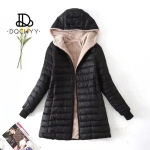 여성용 중간 길이 후드 핏 플러스 플리스 코튼 코트, 따뜻한 램 플리스 파카, 겨울 재킷, 한국 에디션, 신상