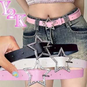 Y2K 스타 버클 벨트 핑크 가죽 탄성 바인딩 장식 허리띠, 스파클링 라인스톤, 레트로 신부 장식 액세서리