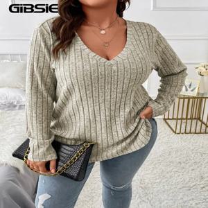 GIBSIE 여성용 캐주얼 V넥 긴팔 티셔츠, 루즈한 골지 니트 상의, 플러스 사이즈, 2023 용수철 가을 패션