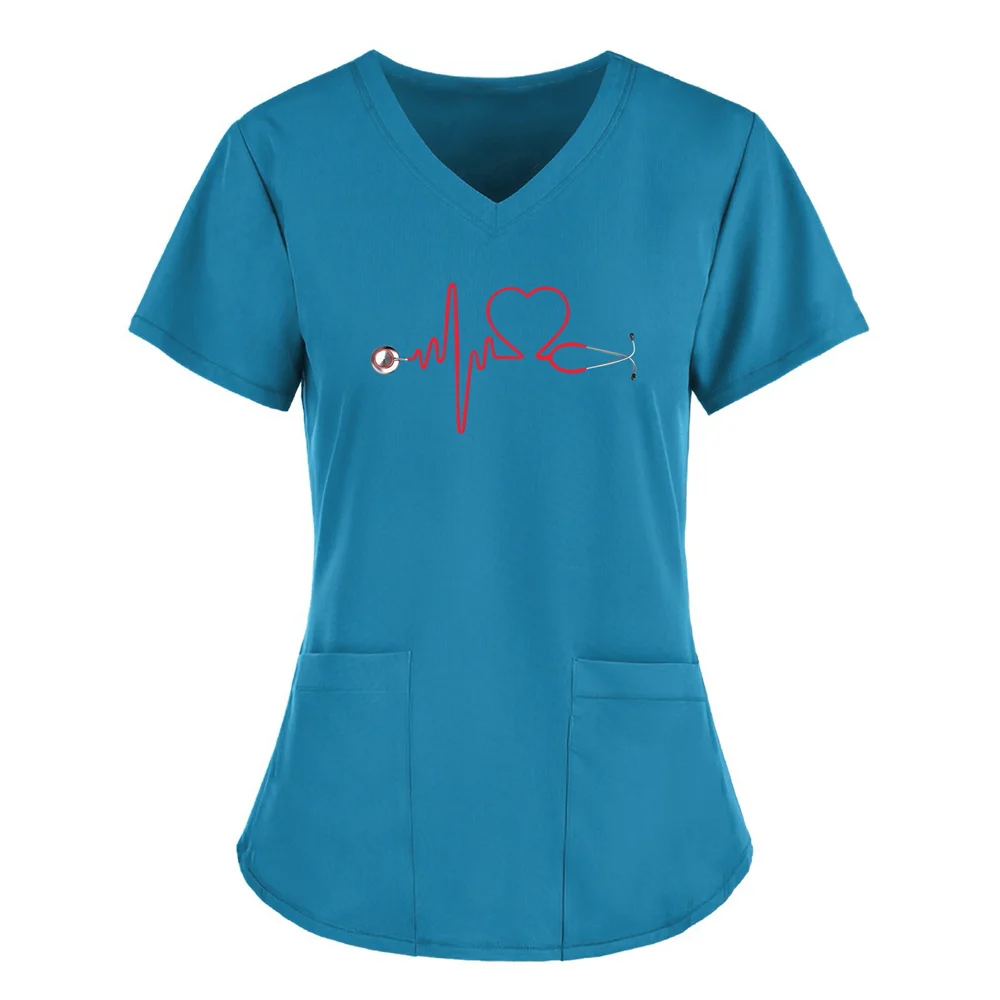 여름 여성 의류 청진기 패턴 반팔 V넥 패션, 프로스트 탑 유니폼, 의사 간호사, 신제품