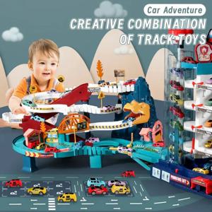 전기 공룡 산악 도로 레일 어린이용 퍼즐, 재미있는 장난감 어드벤처 자동차, 작은 기차 자동차 주차장, 남아용 생일 선물