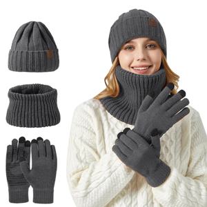 여성용 따뜻한 니트 모자, 두꺼운 단색, 비니 모자, 스카프 및 장갑, 3 종 세트, 겨울 패션, 세트 2024