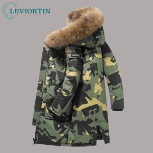 남성용 롱 후드 다운 재킷, 두껍고 따뜻한 파카 코트, 모피 칼라 위장 바람막이, 화이트 덕 다운 재킷, 겨울 패션