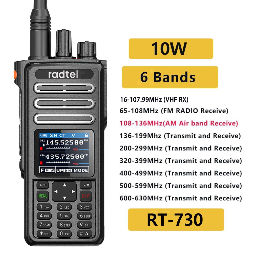 Radtel RT-730 에어 밴드 워키토키 풀 밴드 아마추어 햄 199CH HT USB-C 배터리, NOAA FM AM UHF VHF Satcom, 10W