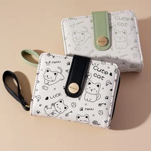 일본 귀여운 고양이 소녀 지갑, 짧은 학생 ID 은행 카드홀더 돈 가방, 지퍼 지갑, 여성용 열쇠 보관 지갑, 동전 지갑