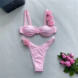 섹시한 플라워 샤이니 핑크 푸시업 비키니, 언더와이어 수영복, 하이컷 세트 주름 비키니 세트, 2024 여성 수영복