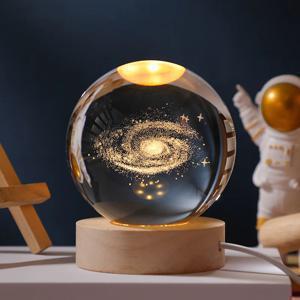 3D 크리스탈 볼 유리 행성 LED 따뜻한 야간 조명 레이저 각인 태양계, 글로브 우주 생일 선물, 나무 베이스, 6cm