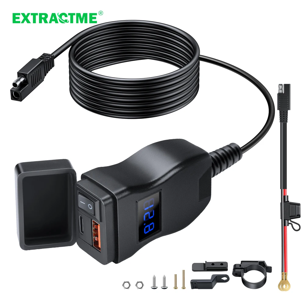 Extractme 오토바이 USB 고속 셀룰러 충전기, 방수 C 타입 포트 소켓 커넥터, 모바일 전압계 디지털 충전
