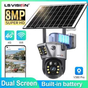 LS VISION 태양광 카메라, 야외 듀얼 렌즈, 와이파이 8MP, 4K IP 카메라, 태양 전지 패널, CCTV 보안, 내장 배터리, PIR 캠 V380, 4G SIM