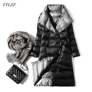 FTLZZ 여성용 초경량 롱 재킷, 양면 슬림 화이트 덕 다운 코트, 싱글 브레스트 터틀넥, 따뜻한 파카, 겨울